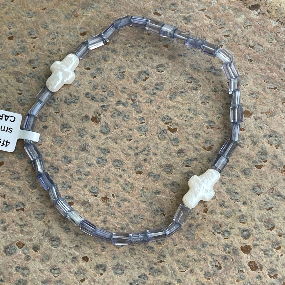 Elegant Pearl Cross and Blue Iolite Beaded Bracelet 7.5”